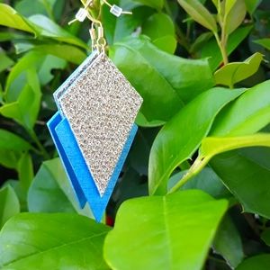 Handcrafted Diamond Shaped/Wood Earrings w/ Shimmer/ Bling Detail by J.Monique